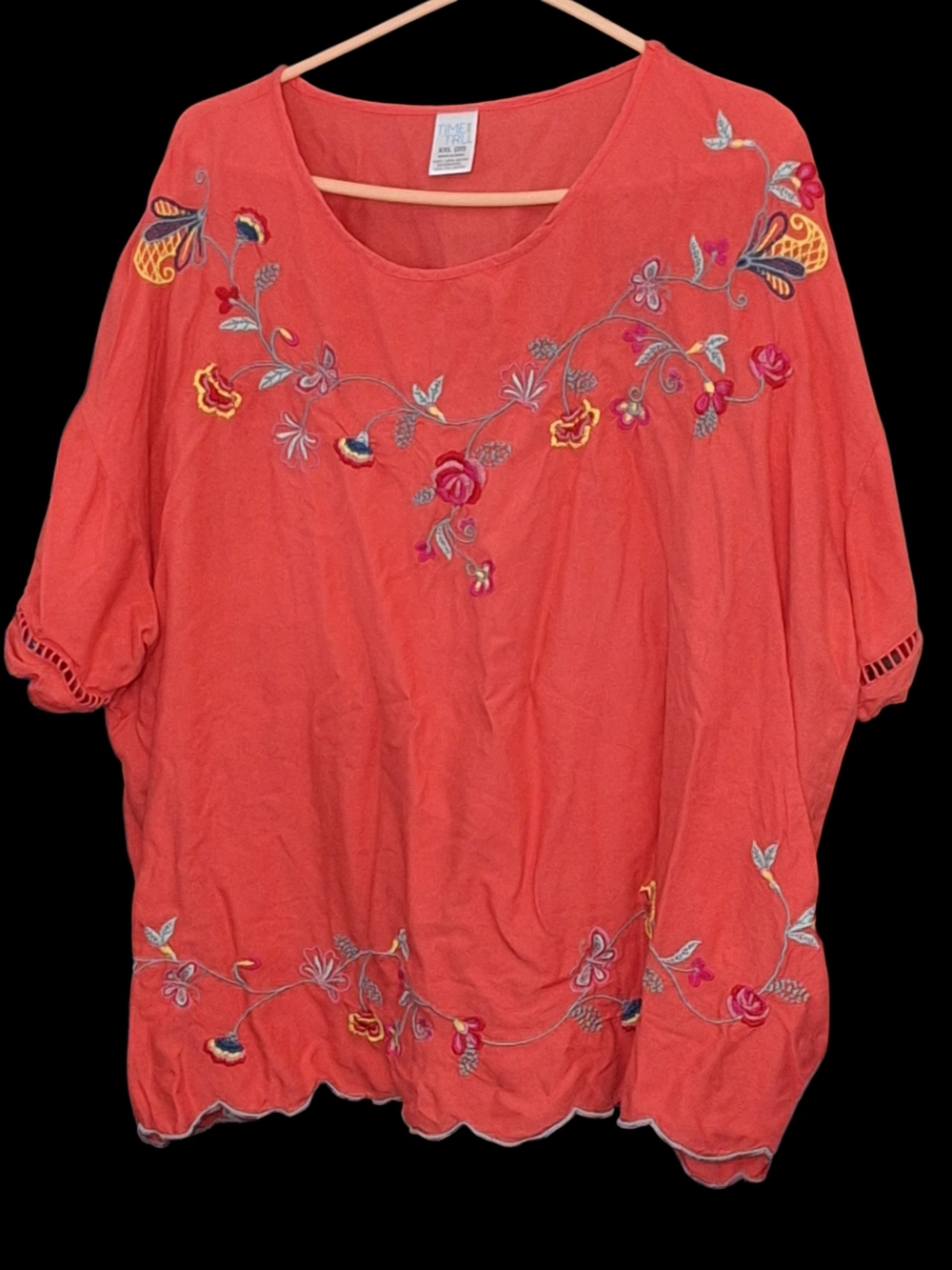 Time and Tru Coral Embroidered Peasant Blouse